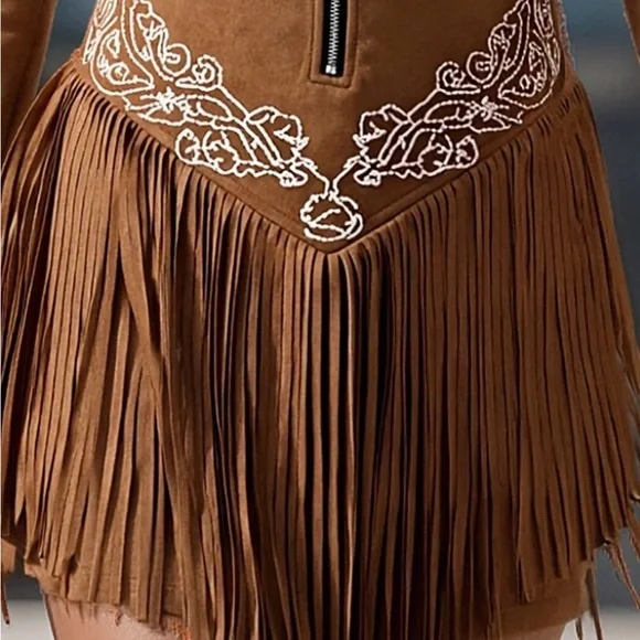 Western Style Embroidered Tassel Long Sleeve Brown Mini Dress - Medium NWT - Picture 4 of 6
